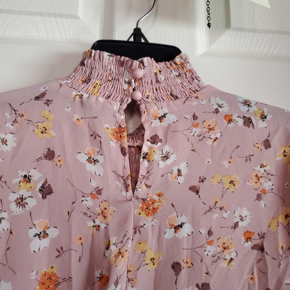 Cure Floral Smoked Blouse Baloon Sleeves High-neck Loose Fit Keyhole Size Small - Picture 5 of 10